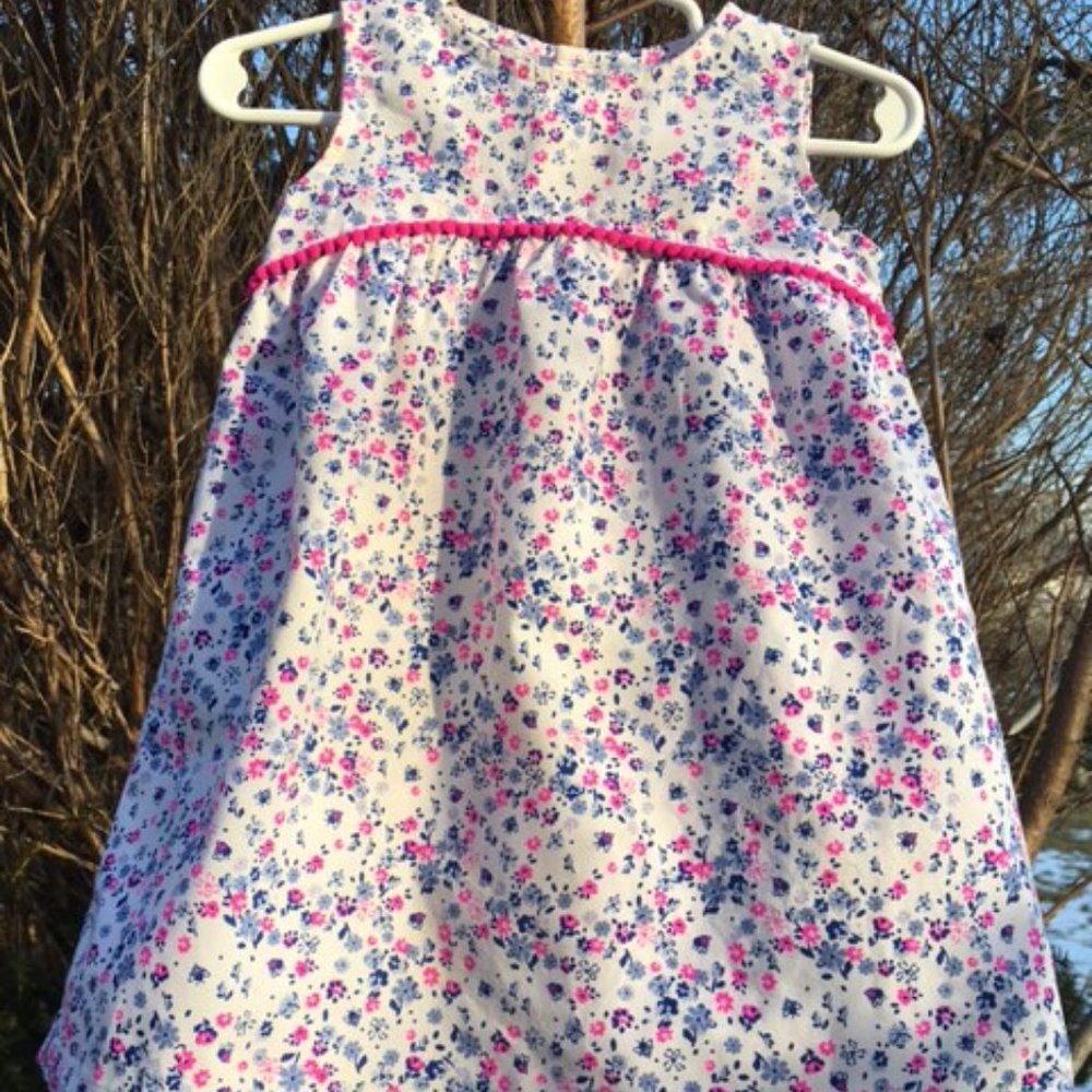 Fresh, NWOT, PInk & Blue Flowers, & Bumble Bees on White, Cotton Dress .24 mths